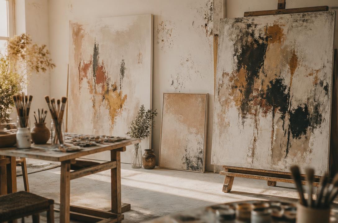 Kate McGraw's artist studio with abstract paintings in progress