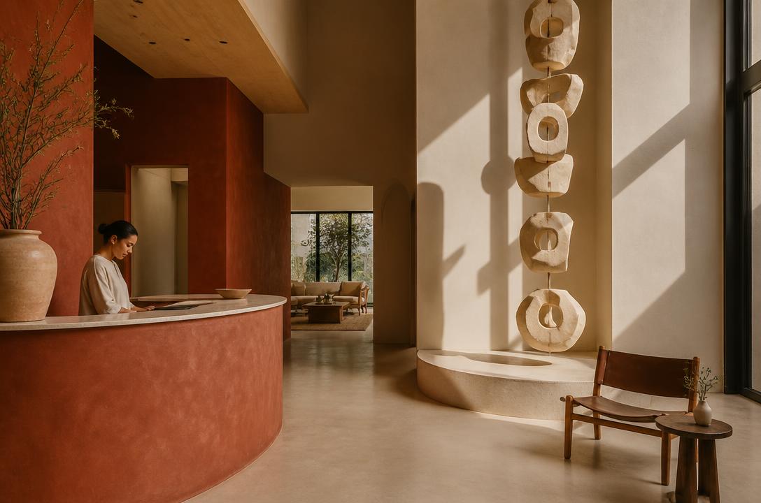 Boutique hotel interior with sculptural installation